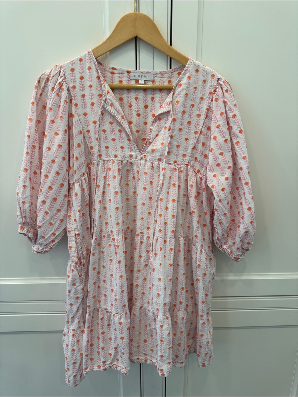 Marea Pink Orange Floral Puff Sleeve Mini Dress
